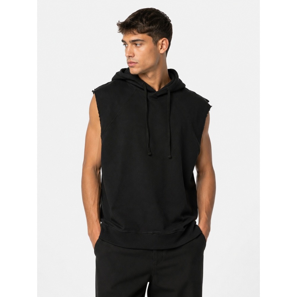 Thom Krom Ribbed Knit 100% Organic Cotton Sleeveless Hoodie Black XL